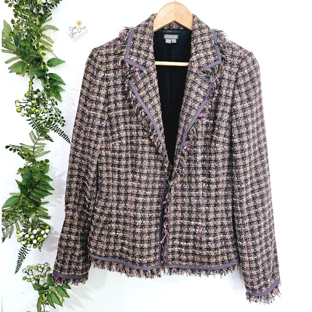 Anthracite Tweed Womens Jacket Sz 10 Black Pink Fringed Edges Hook Closure《896》J